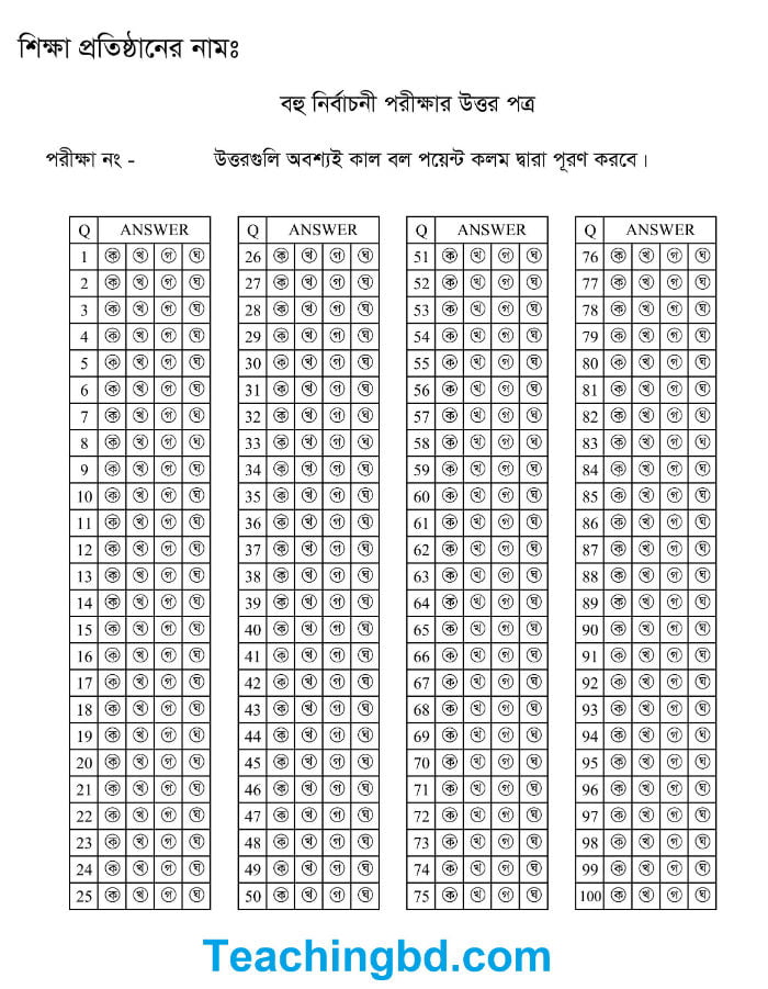 100 Question answer Sheet